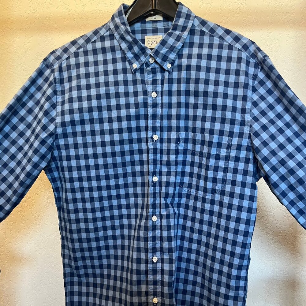 J.Crew Men’s Slim Fit Blue Gingham Button-Down Shirt – Large